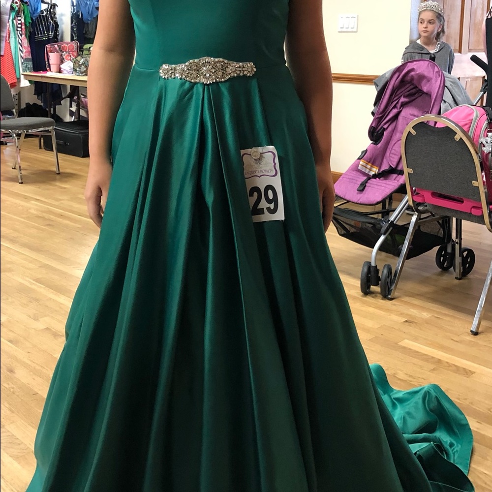 Emerald green custom with long train. Size 14